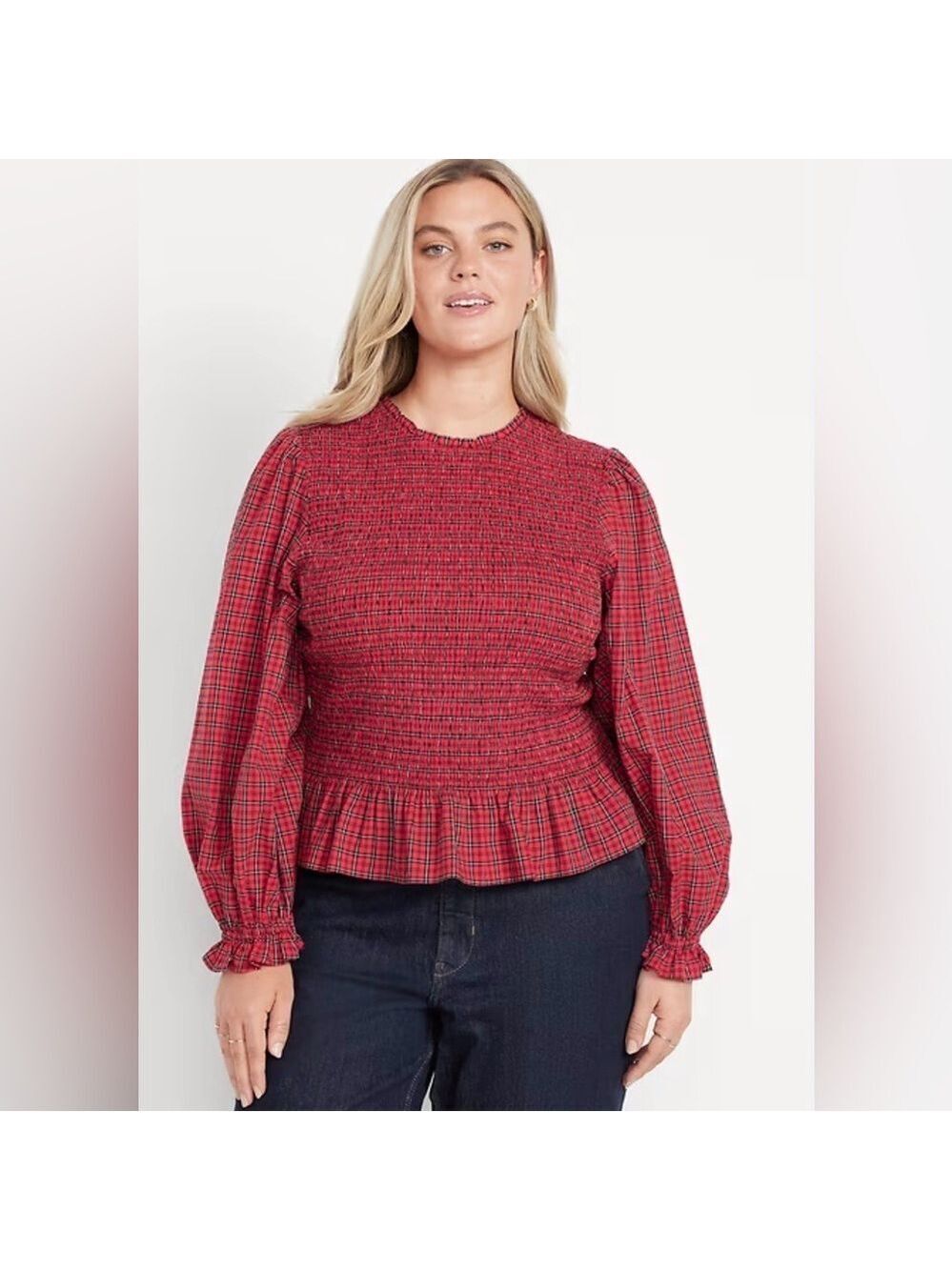 Old Navy Long Sleeve Smocked Plaid Blouse Top NWT 3X Holidays Office Career